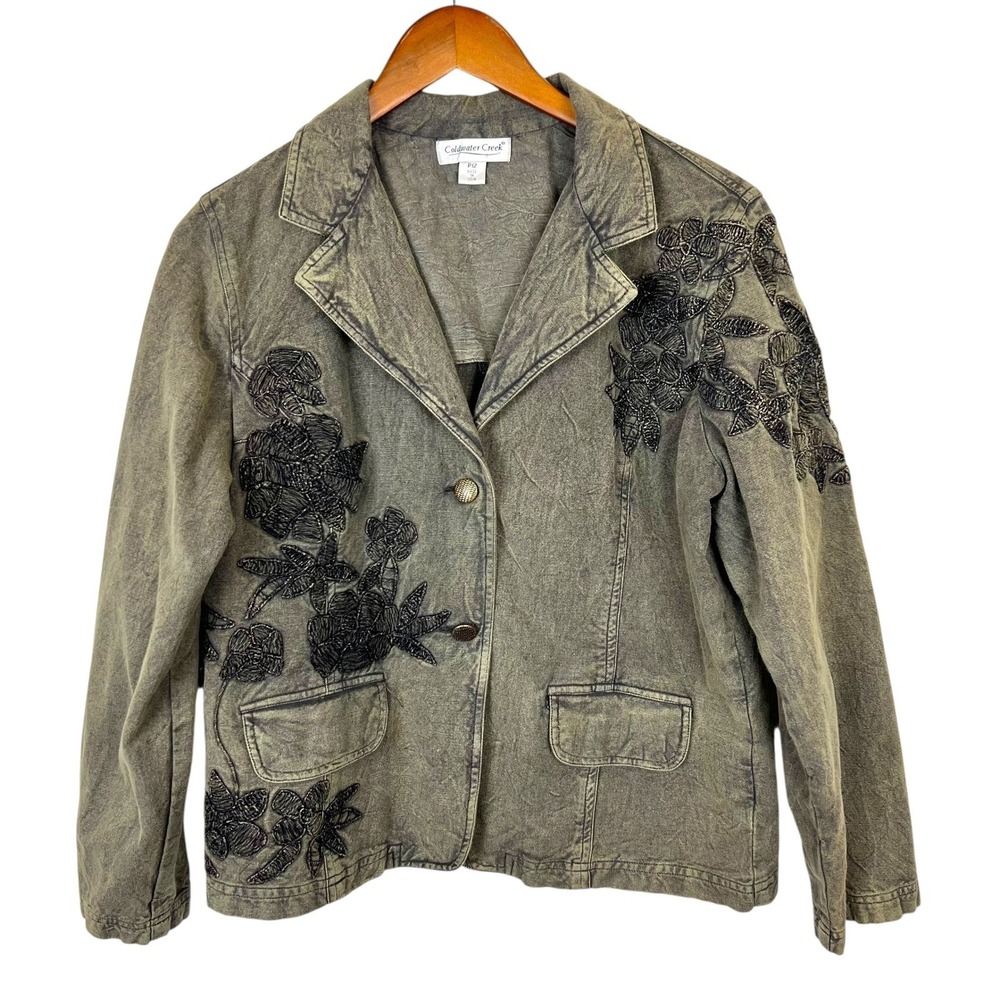 Coldwater Creek Embroidered Denim Blazer Jacket Gray Acid Wash Floral P12 Artsy
